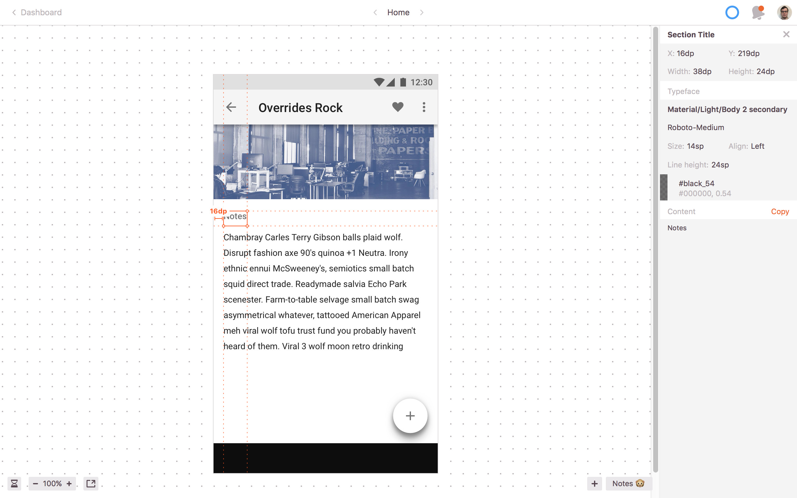 Screenshot from Zeplin's Mac App showing the properties that display when copy has been selected
