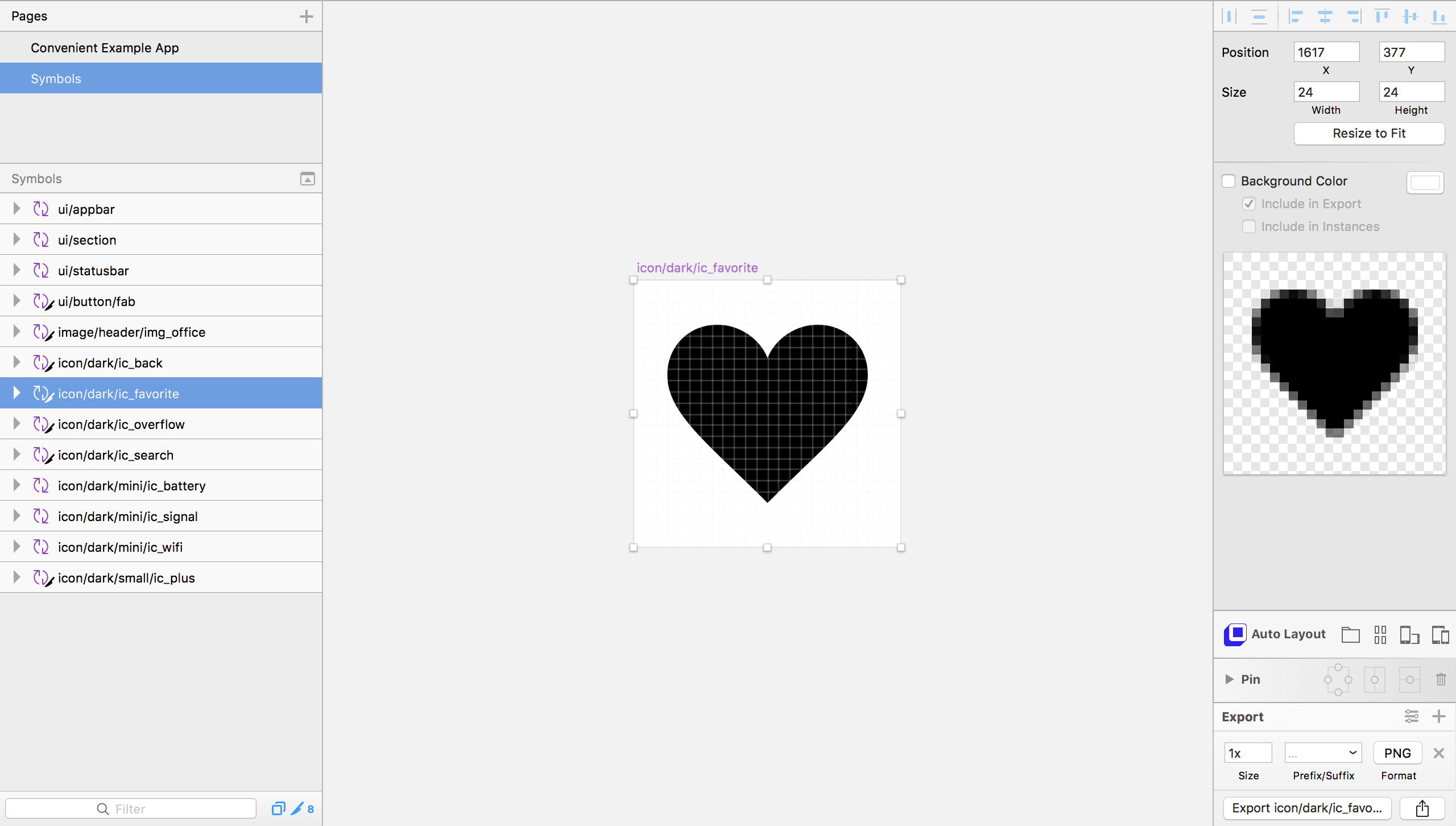 Screenshot from Sketch showing symbol that has export options enabled