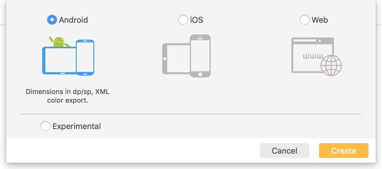 Screenshot from Zeplin's Mac App showing the platforms types available for projects