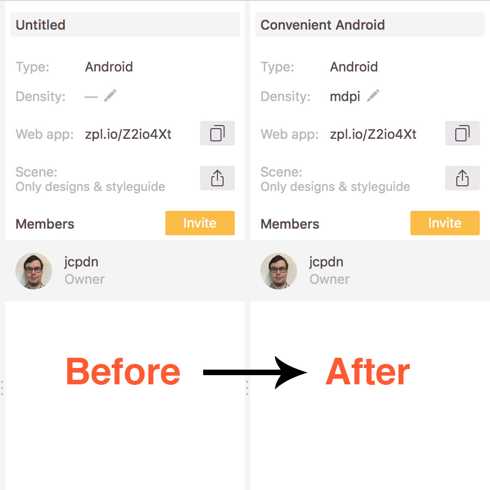 Modified Screenshot from Zeplin's Mac App showing a before and after a Project's settings