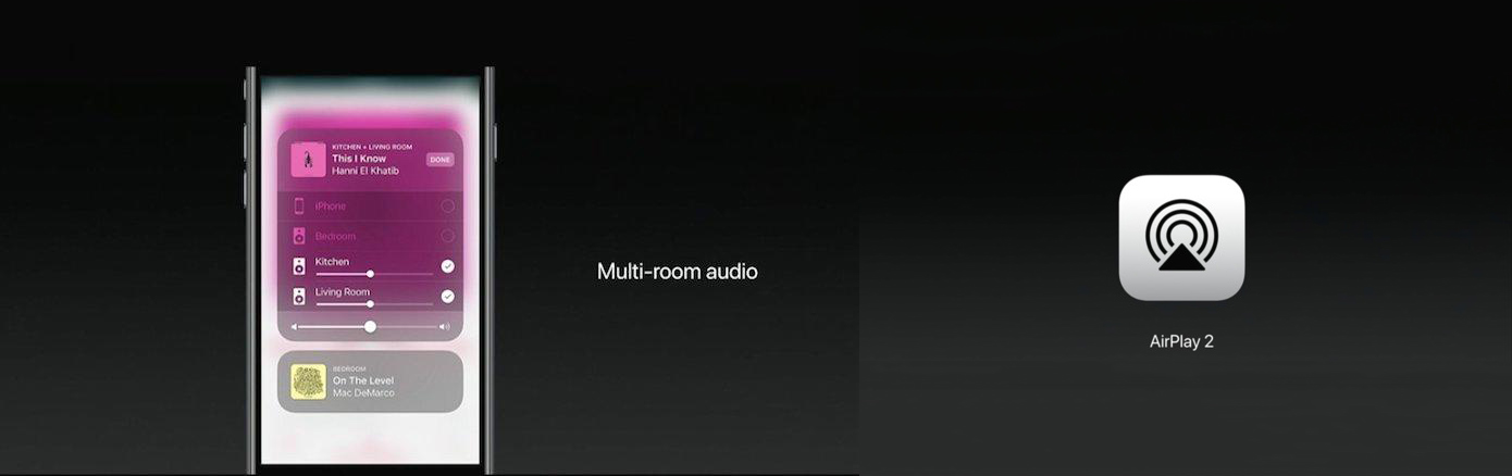 Left: Mockup of Multi-Room Audio Controls within iOS 11 - Right: Icon of AirPlay2